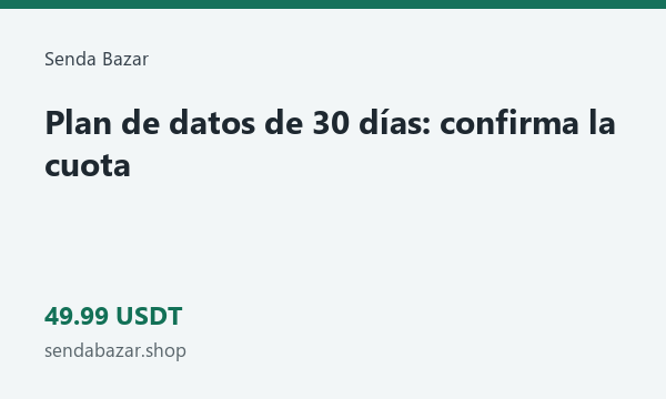 Plan de datos de 30 días: confirma la cuota · 49.99 USDT